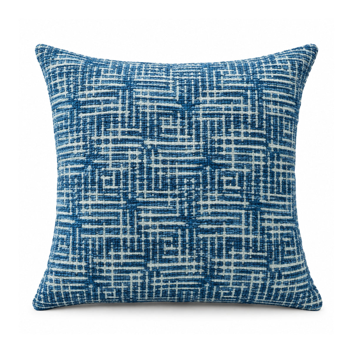Primeval blue and white geometric cushion cover featuring intricately overlapping linear grid motifs