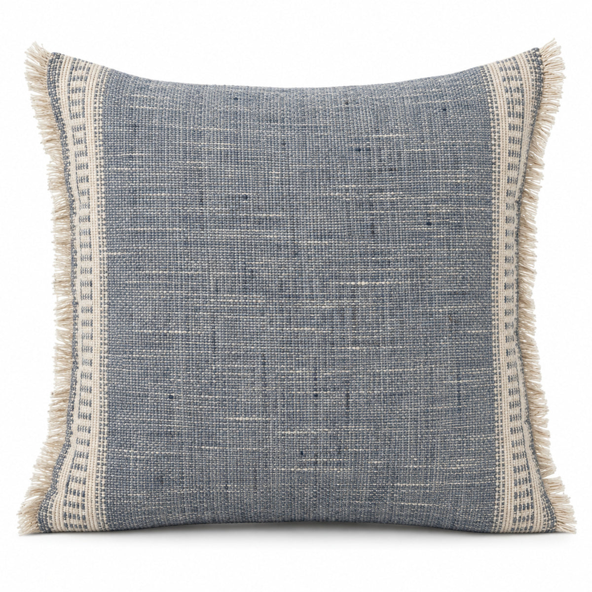 Blue woven decorative cushion with ivory textured side border