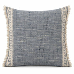 Blue woven decorative cushion with ivory textured side border