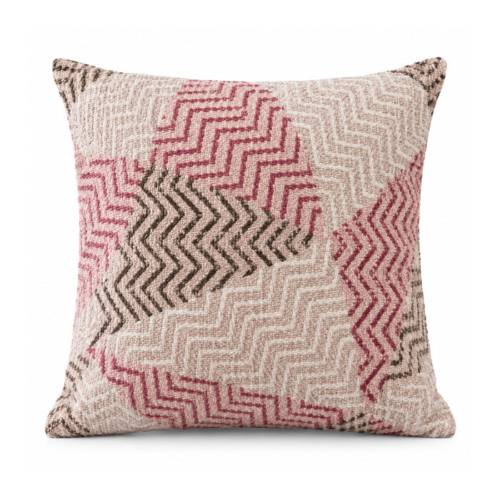 Primeval blush pink, charcoal grey and ivory cushion cover with bold alternating zigzag and chevron patchwork motifs