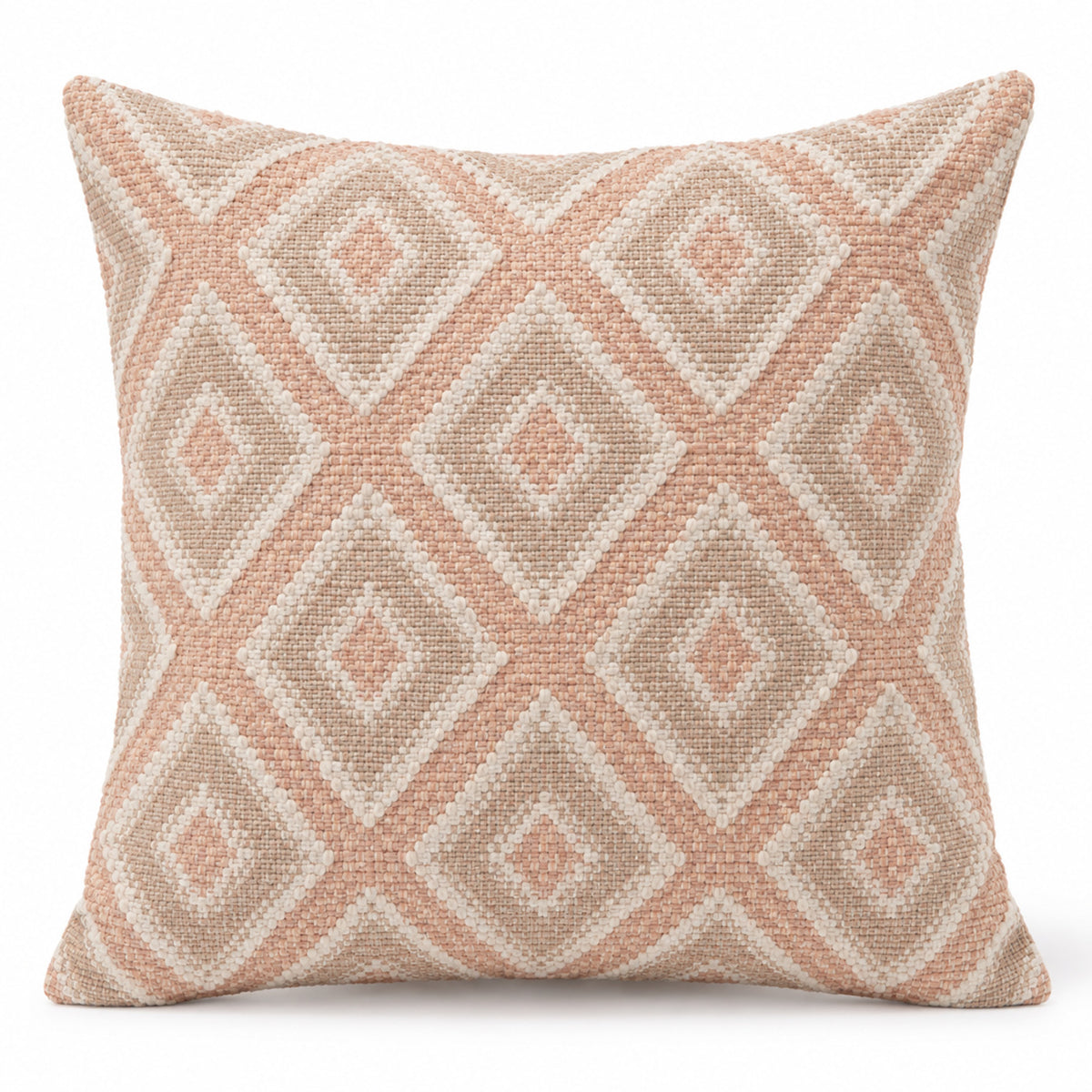 Blush pink and ivory decorative cushion with soft diamond woven pattern