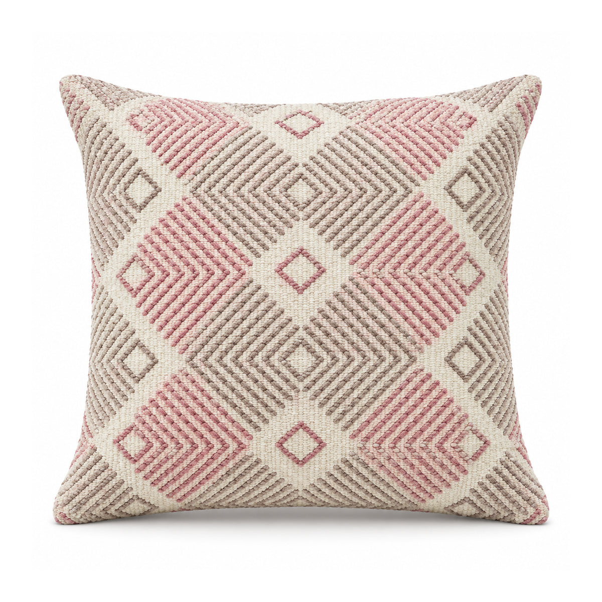 Primeval decorative throw cushion with blush pink and gray diamond chevron pattern on an ivory background, shown against a white background