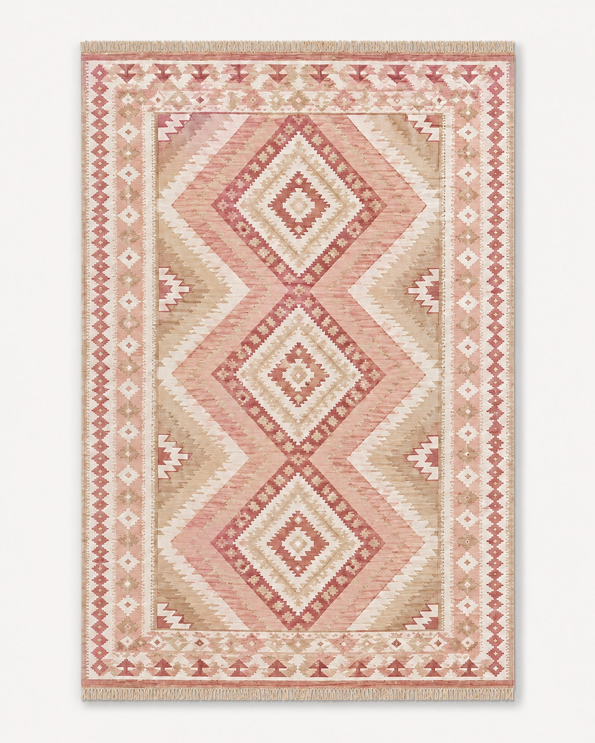 Blush pink beige and ivory geometric kilim rug with fringe for soft contemporary home decor collections