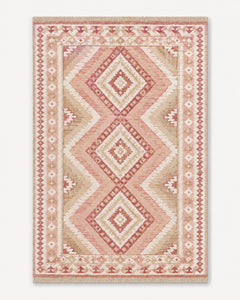 Blush pink beige and ivory geometric kilim rug with fringe for soft contemporary home decor collections