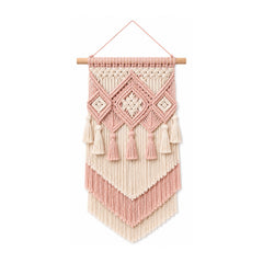 Blush pink layered cotton macrame wall hanging with diamond knotwork and tassels