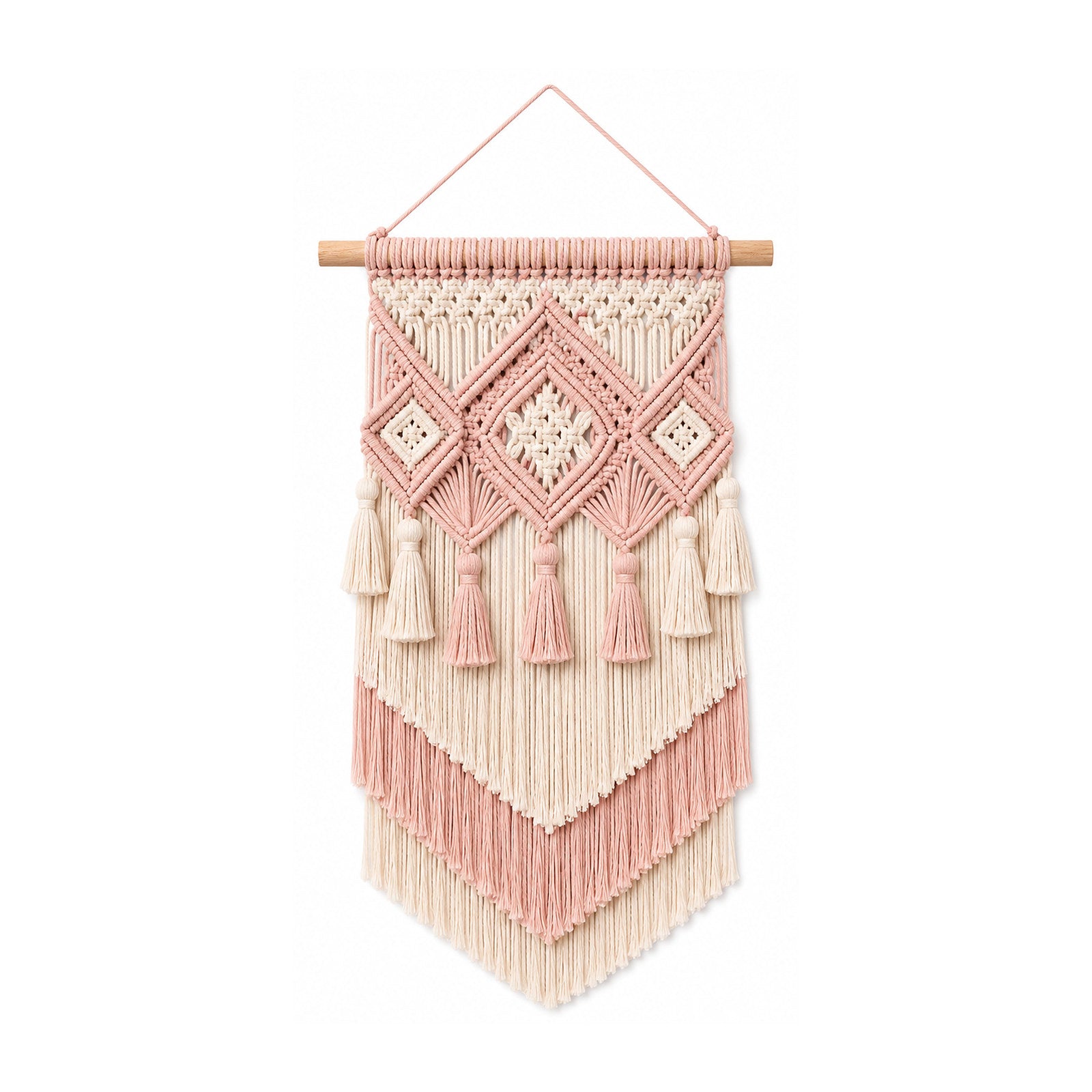 Blush pink layered cotton macrame wall hanging with diamond knotwork and tassels