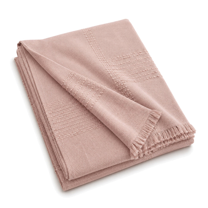 Blush pink minimal woven cotton throw with fine fringe 130×170 cm by Primeval