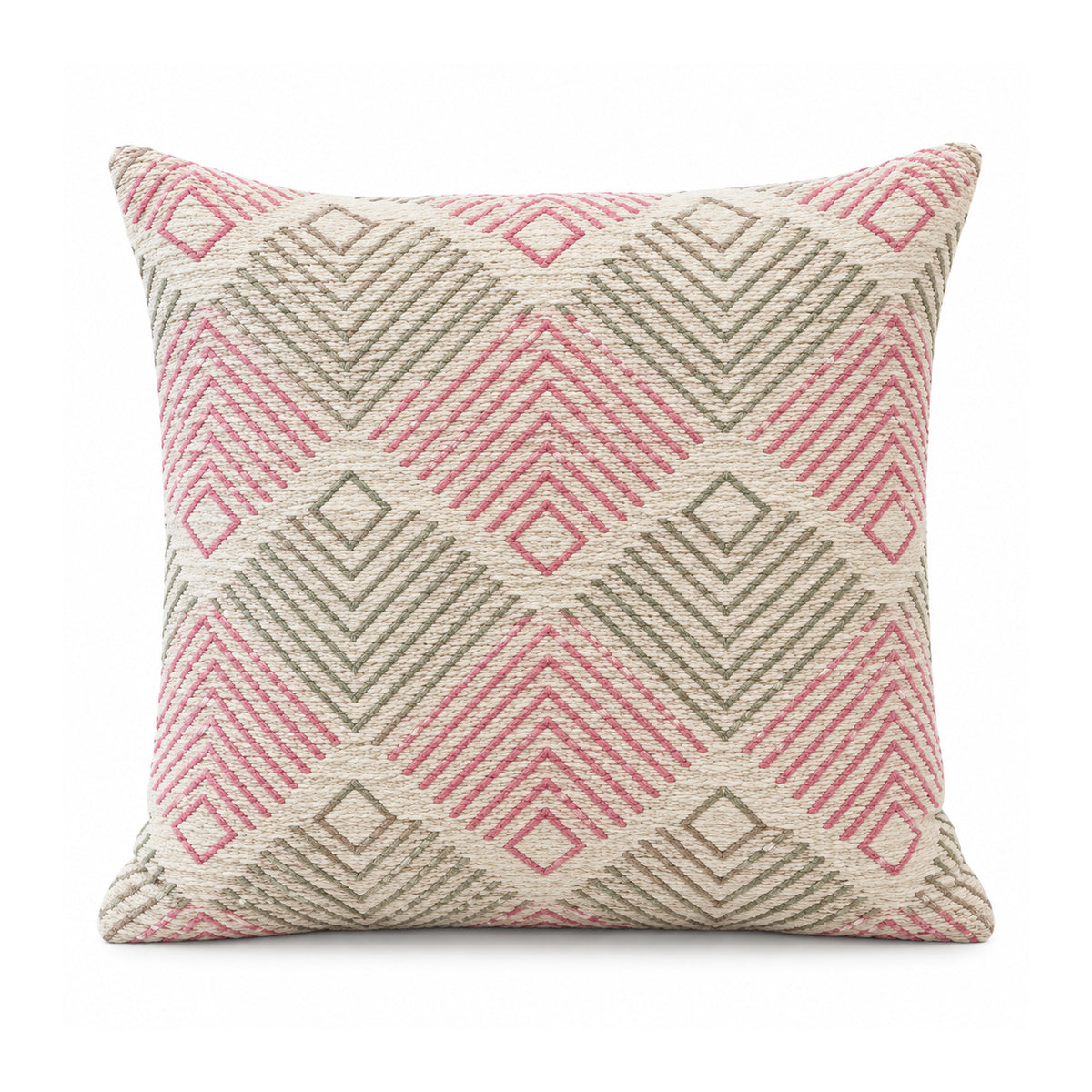 Primeval blush pink olive grey and ivory cushion with repeated chevron-filled diamonds and fine linear motifs
