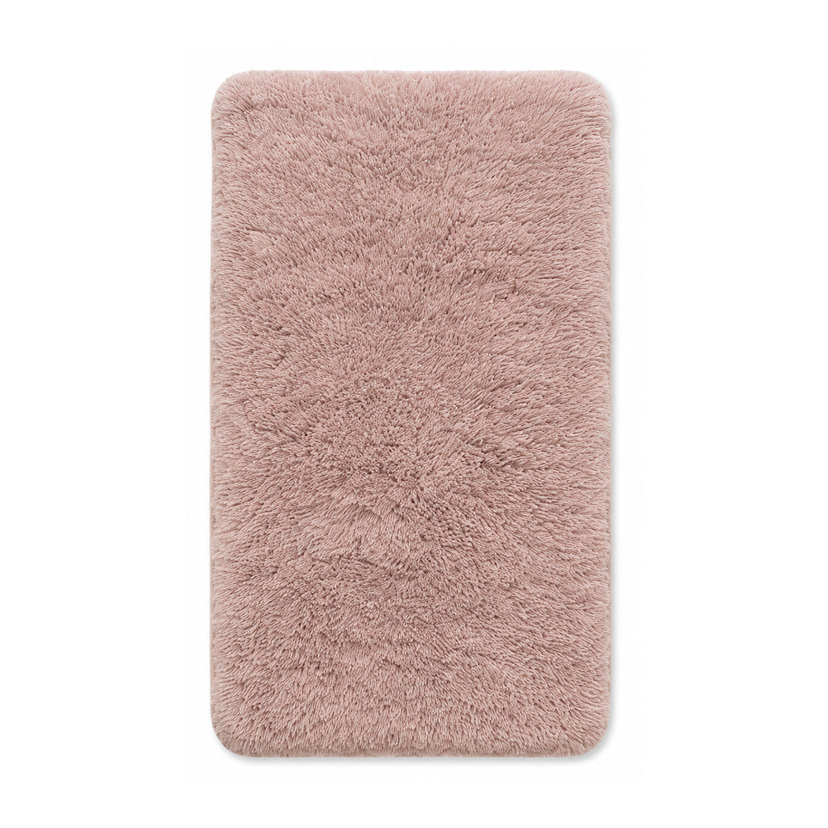 Blush pink plush high-pile shag cotton bath mat on white background