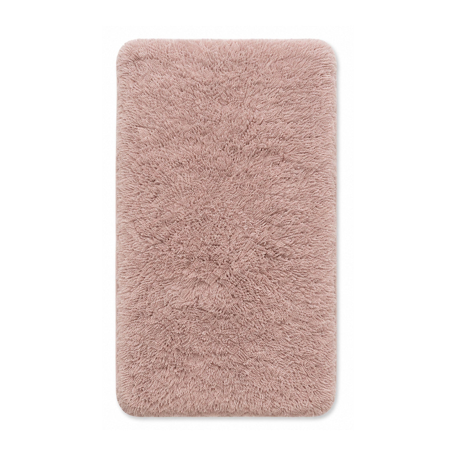 Blush pink plush high-pile shag cotton bath mat on white background