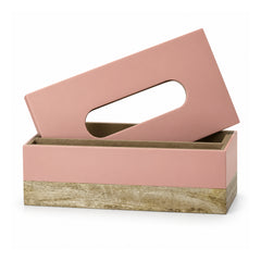 Rectangular blush-pink tissue box cover with long rounded top slot and contrasting natural-looking wooden base