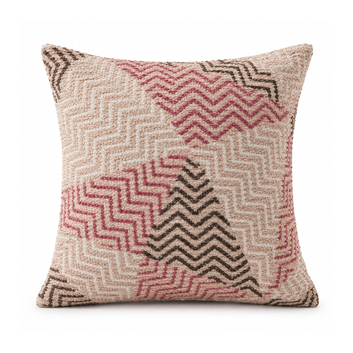 Primeval blush pink rose and charcoal cushion with layered zigzag chevron patchwork motifs
