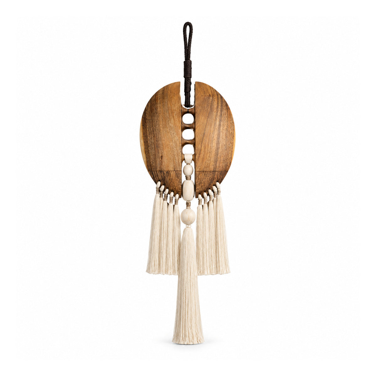 Bohemian decorative wall hanging with oval grain-patterned wooden top, cream beads, pale tassel fringe and a dark hanging loop