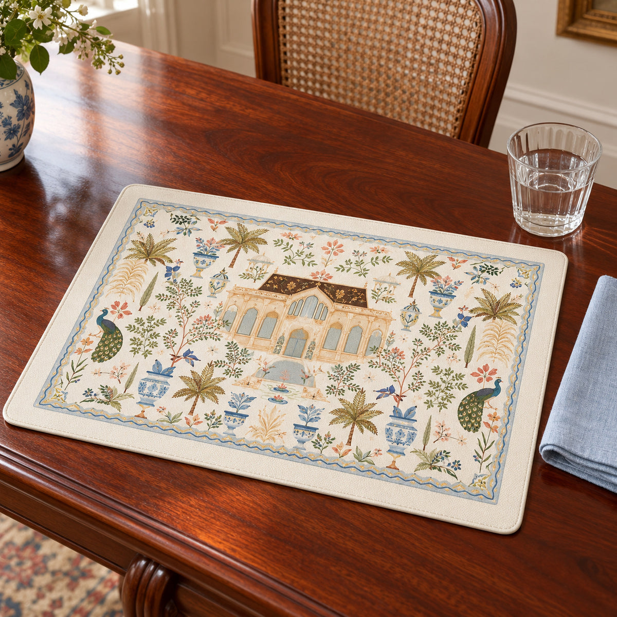 Ivory rectangular placemat with a vintage courtyard house illustration surrounded by blue green and ochre flowers on a polished wooden table