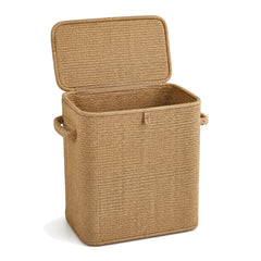 Boutique lidded natural jute laundry basket on a clean white background
