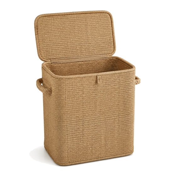 Boutique lidded natural jute laundry basket on a clean white background