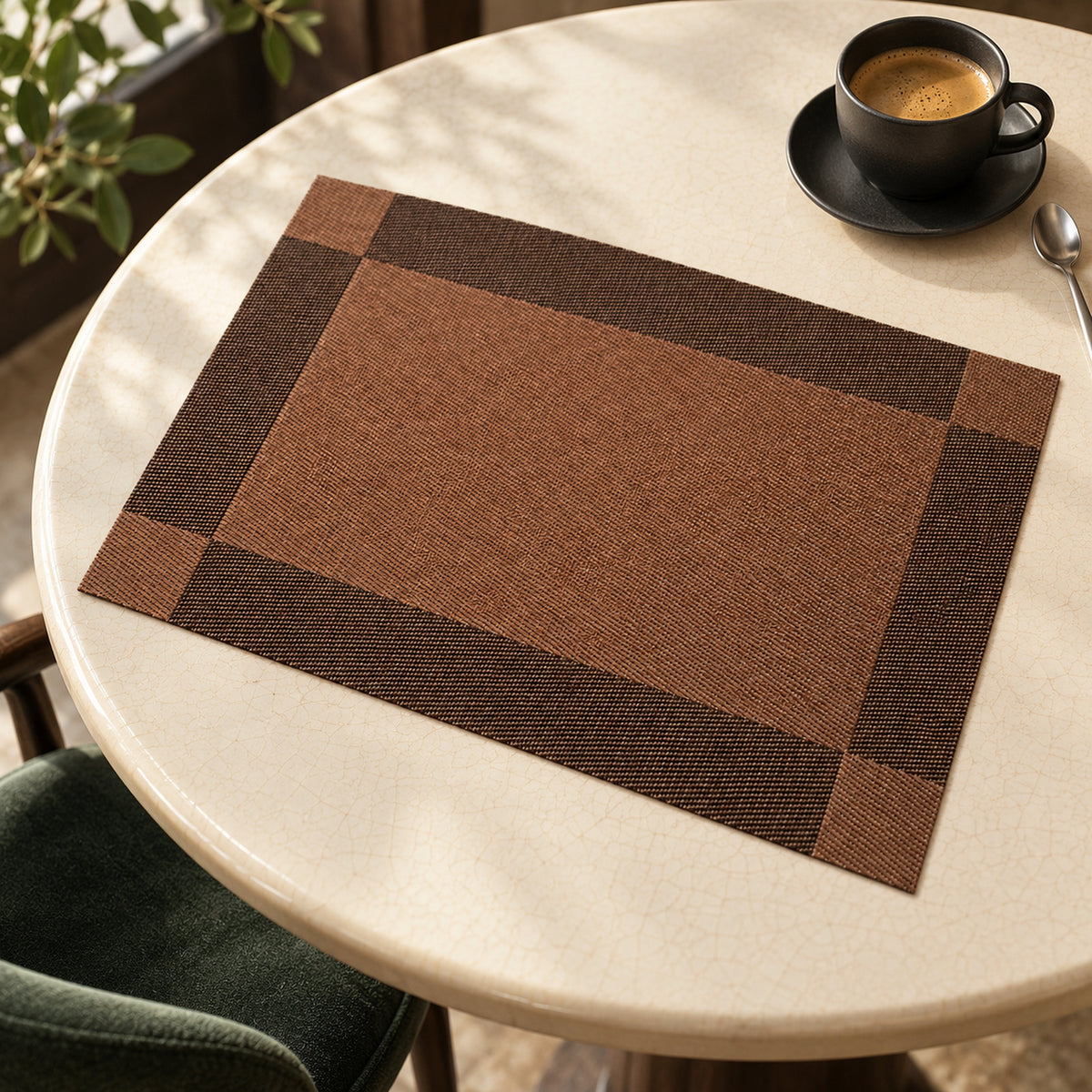 Cocoa brown rectangular placemat with dark espresso border and darker corner blocks on a cream-coloured round table
