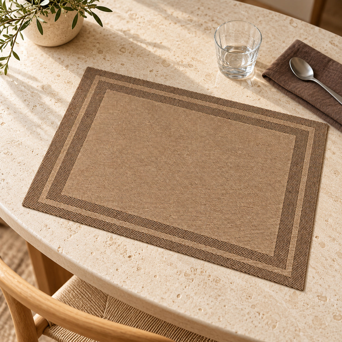 Light brown rectangular placemat featuring a darker brown double-line border