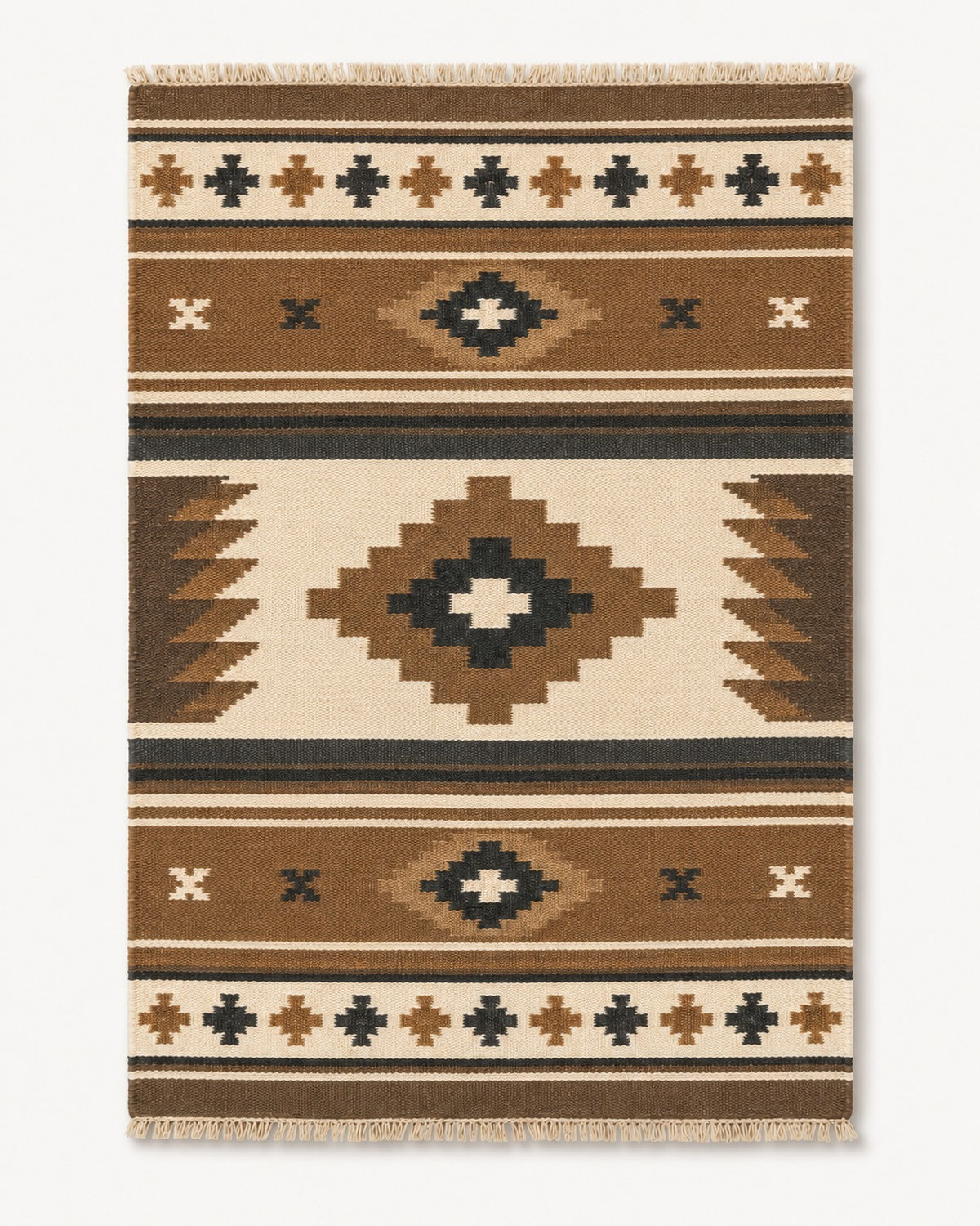 Brown ivory and charcoal geometric kilim rug with fringe for wholesale and private label sourcing