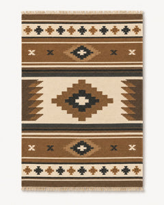 Brown ivory and charcoal geometric kilim rug with fringe for wholesale and private label sourcing