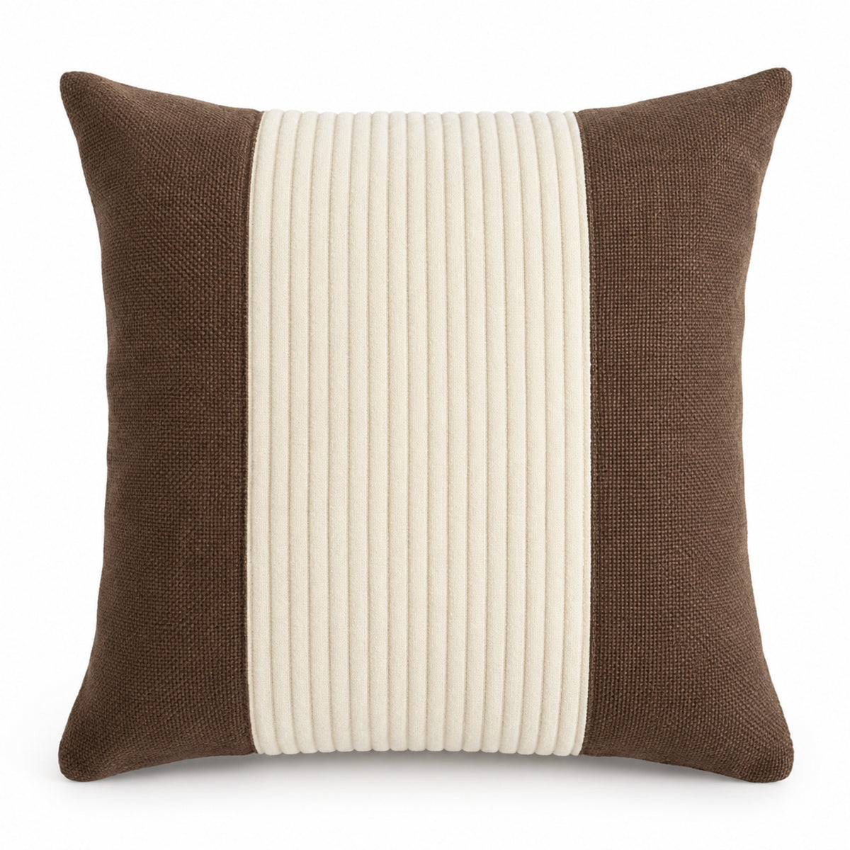 Brown lumbar cushion cover with wide ivory pleated center panel