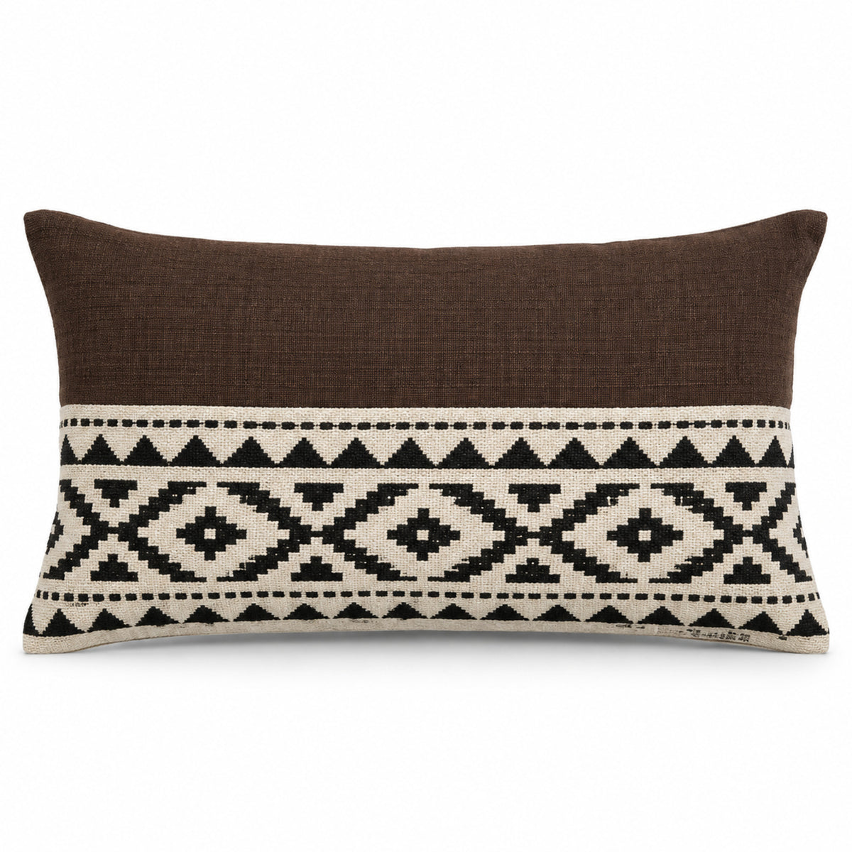 Brown lumbar cushion cover with bold ivory and black tribal geometric center band