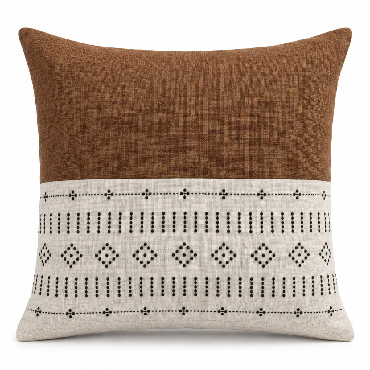Brown decorative cushion cover with ivory tribal geometric border panel