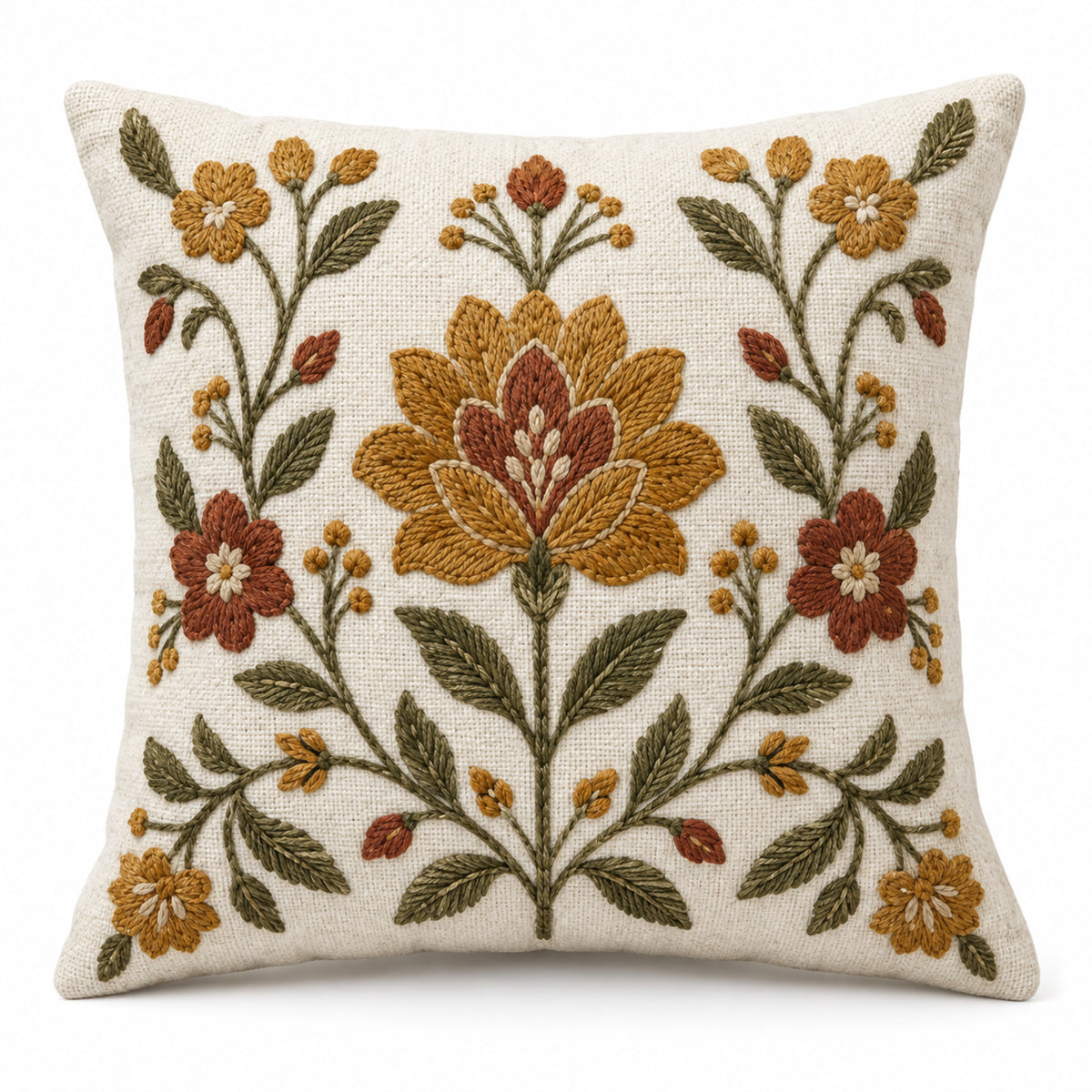 Ivory decorative cushion cover with symmetrical brown ochre and olive folk floral motif