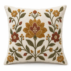 Ivory decorative cushion cover with symmetrical brown ochre and olive folk floral motif