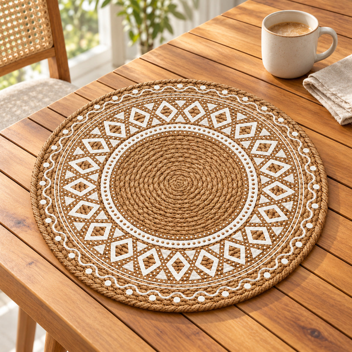 Round caramel-brown and ivory placemat with a central concentric spiral and geometric diamond border on an oak dining table