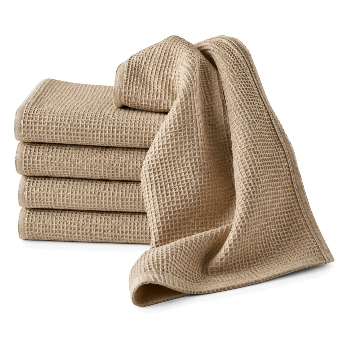 Primeval camel waffle texture cotton kitchen towel set in folded studio presentation