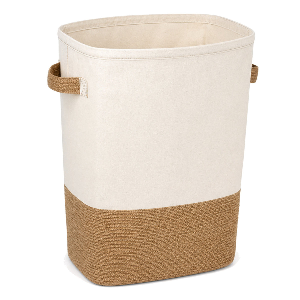Natural canvas laundry basket with jute base on a clean white background