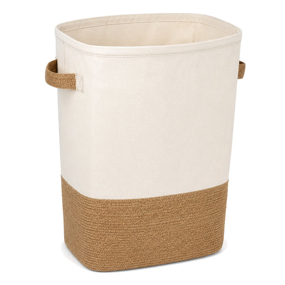Natural canvas laundry basket with jute base on a clean white background