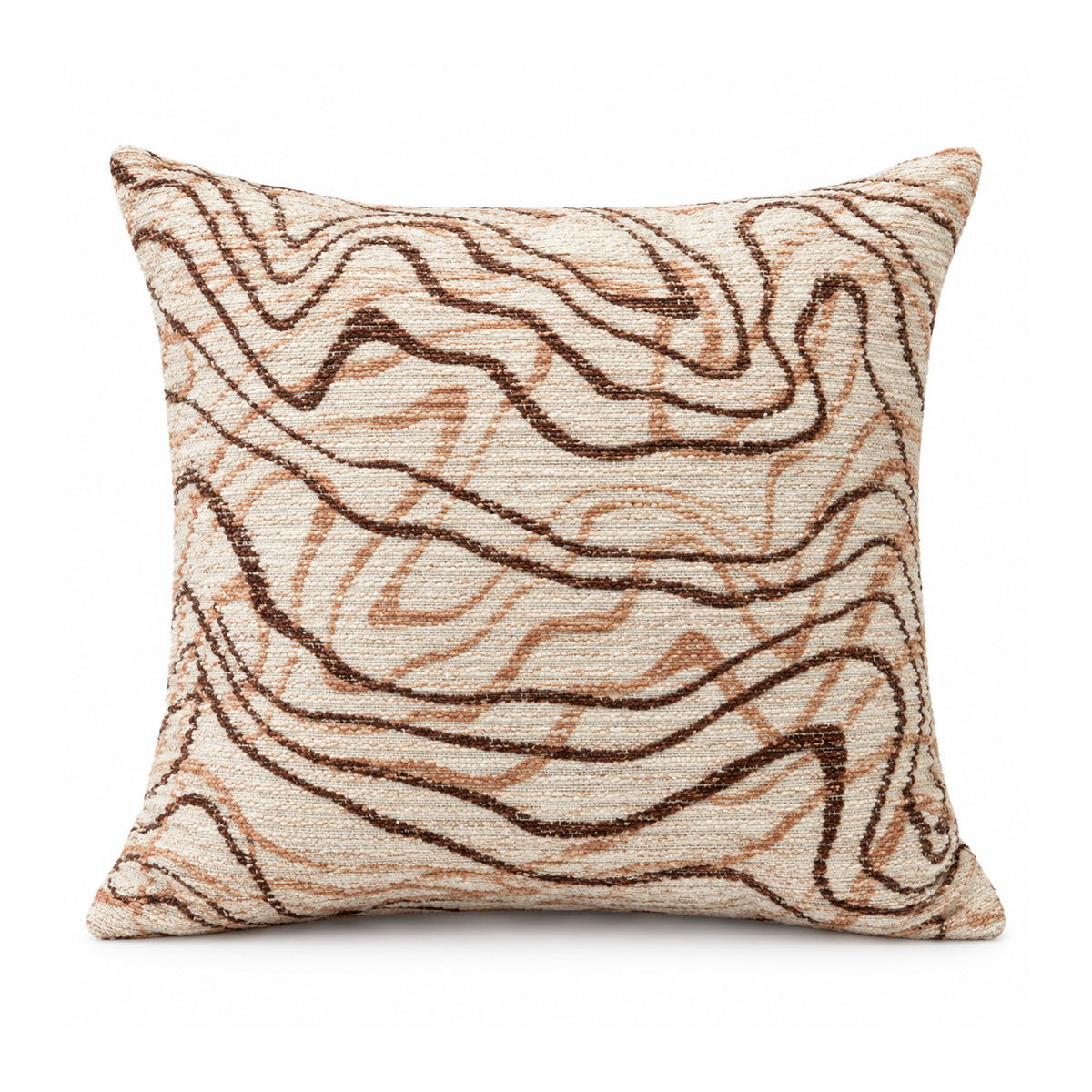 Primeval caramel brown and ivory cushion with abstract organic looping contour lines and sweeping waves