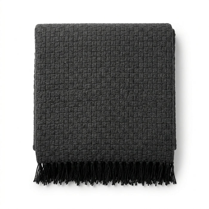 Charcoal basket texture woven cotton throw with black fringe 130×170 cm by Primeval