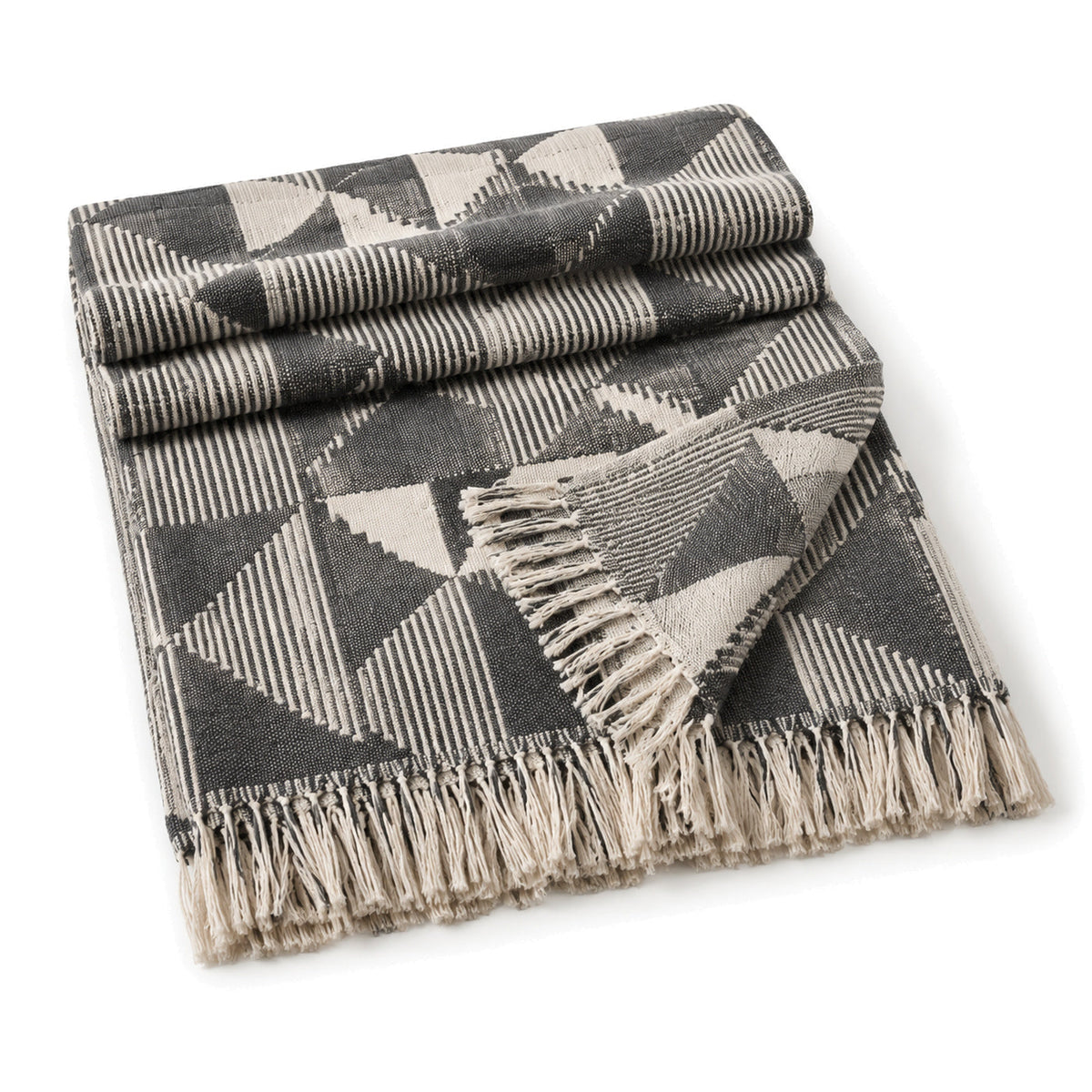 Charcoal and cream geometric jacquard cotton throw with fringe 130×170 cm by Primeval