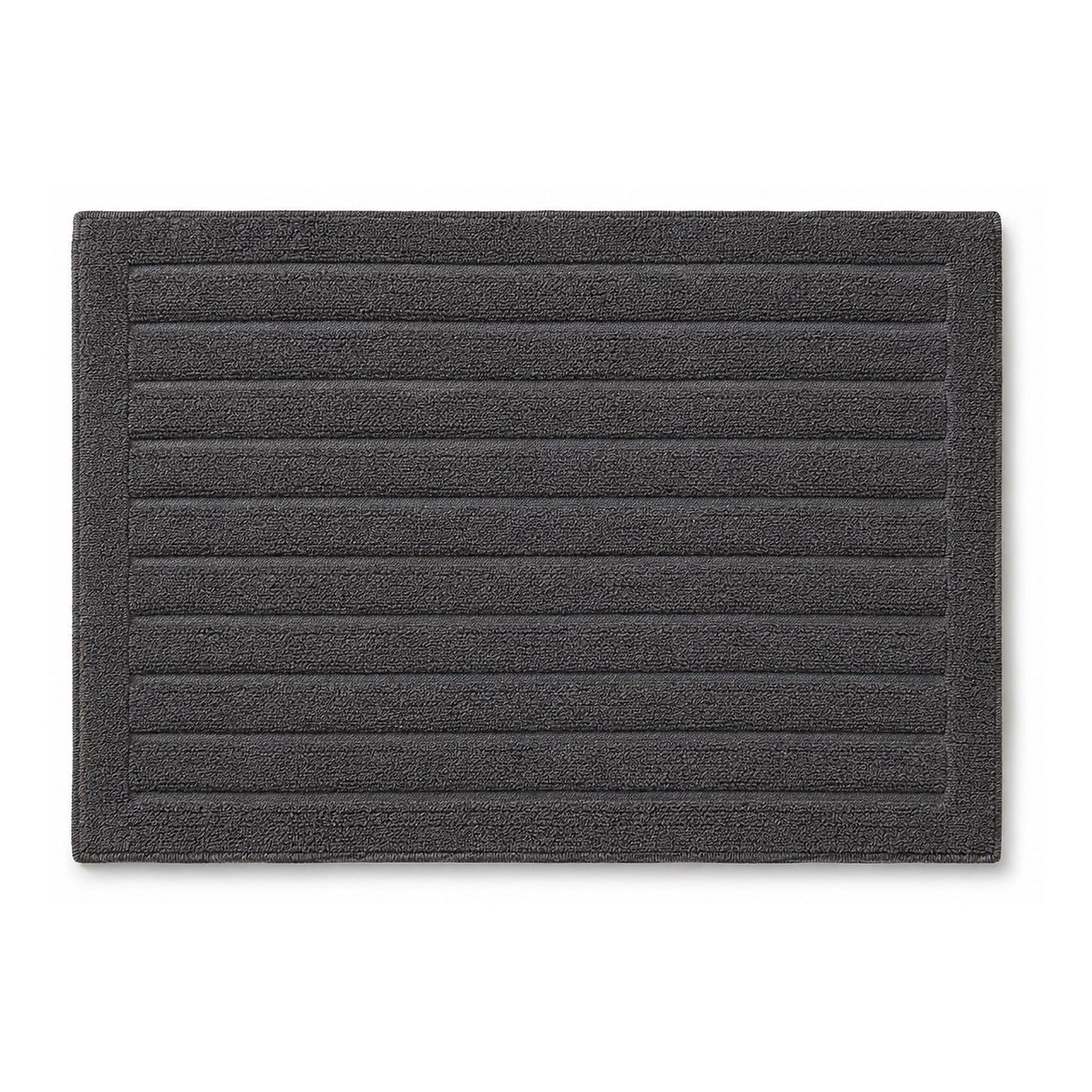 Charcoal grey ribbed bath rug with horizontal stripes on white background