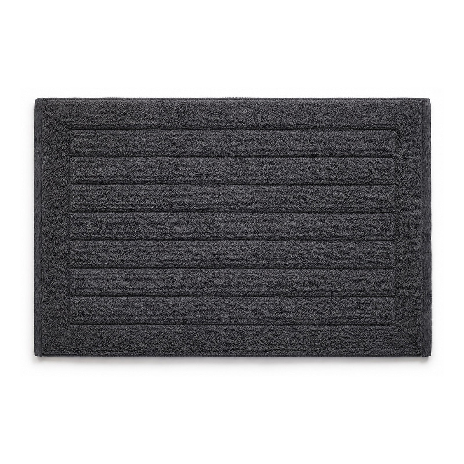 Charcoal grey striped textured bath mat on white background