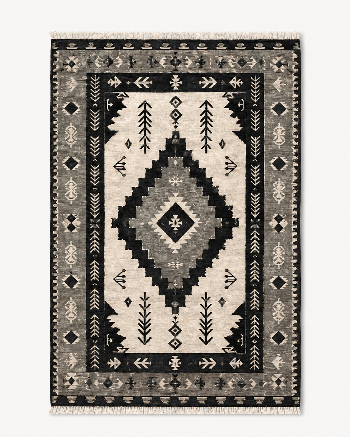Charcoal grey and ivory geometric kilim rug with fringe for modern wholesale rug collections
