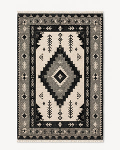 Charcoal grey and ivory geometric kilim rug with fringe for modern wholesale rug collections
