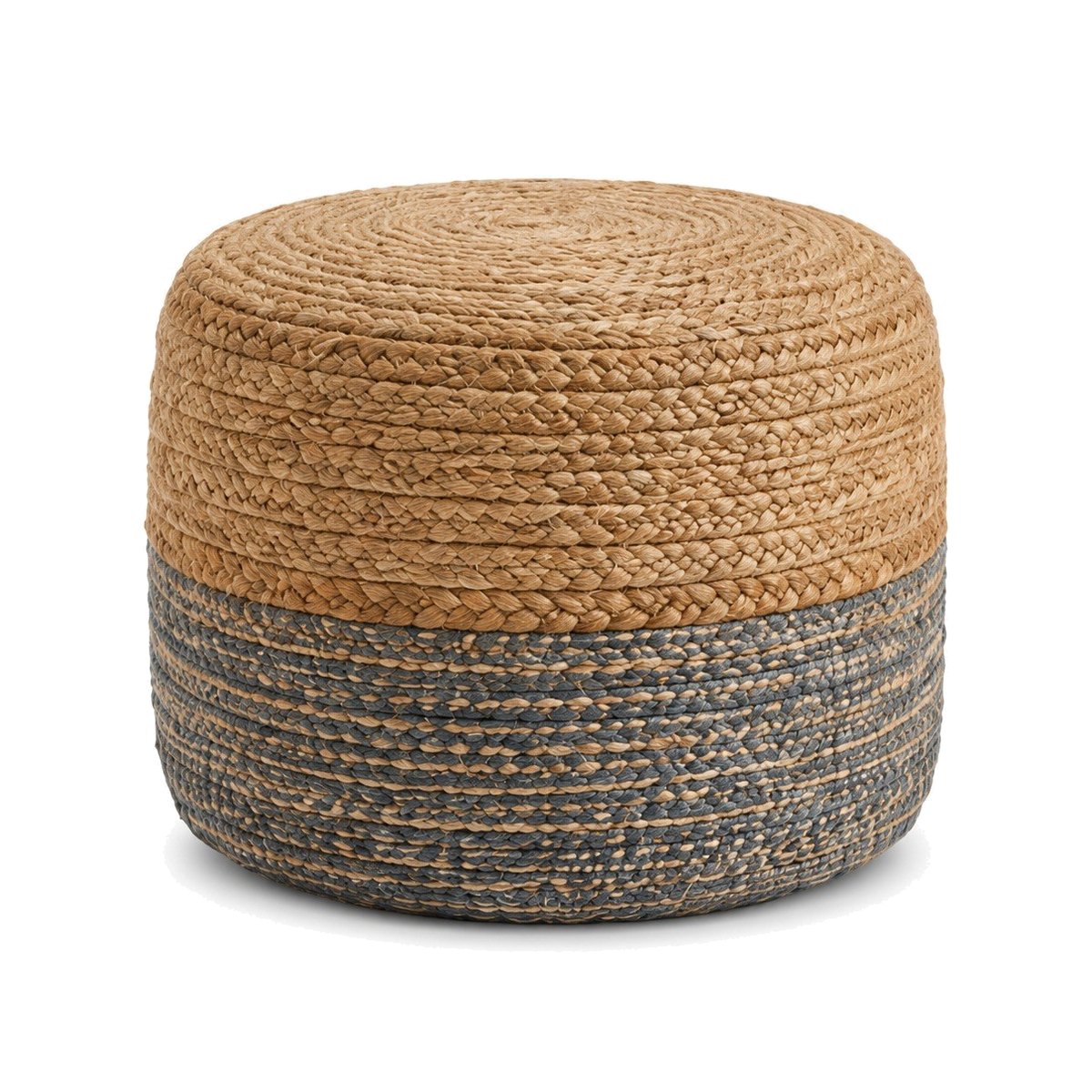 Two tone natural jute round pouf with charcoal woven lower band