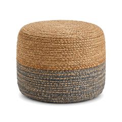Two tone natural jute round pouf with charcoal woven lower band