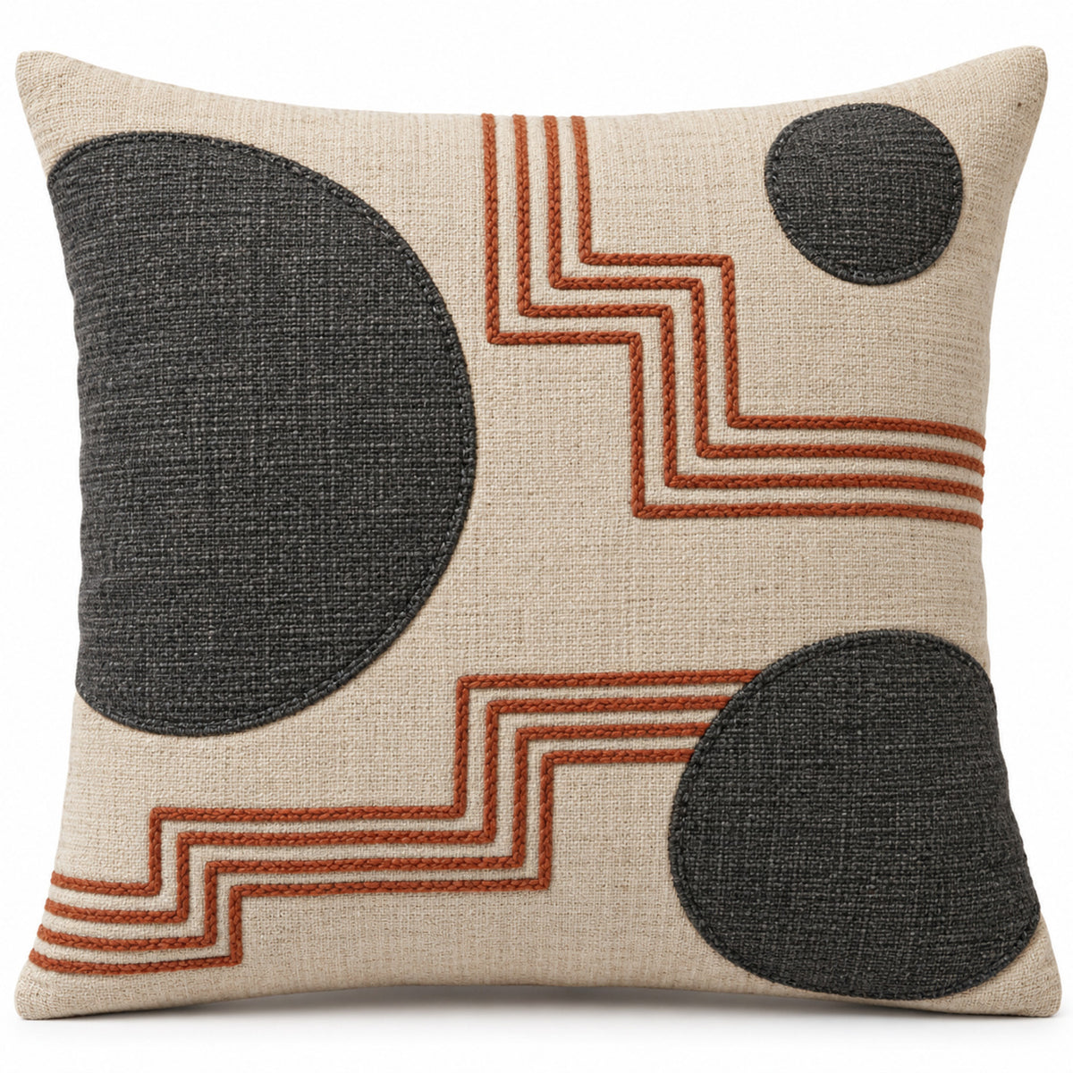 Ivory decorative cushion with dark grey circles and rust abstract lines