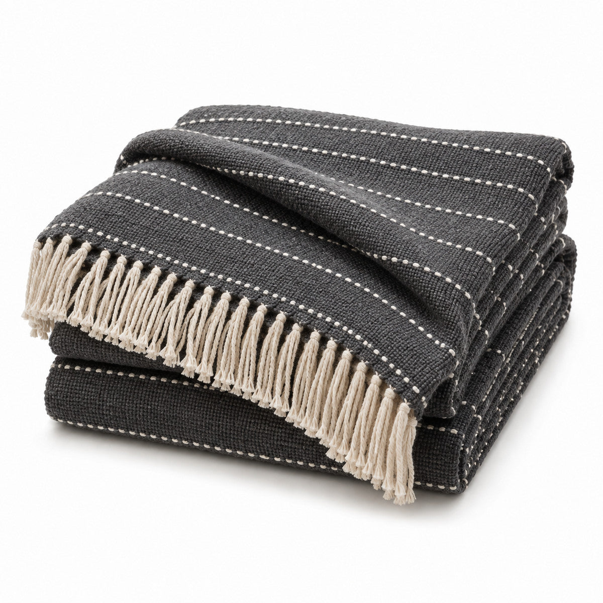 Charcoal Woven Throw with Cream Fringe - Primeval