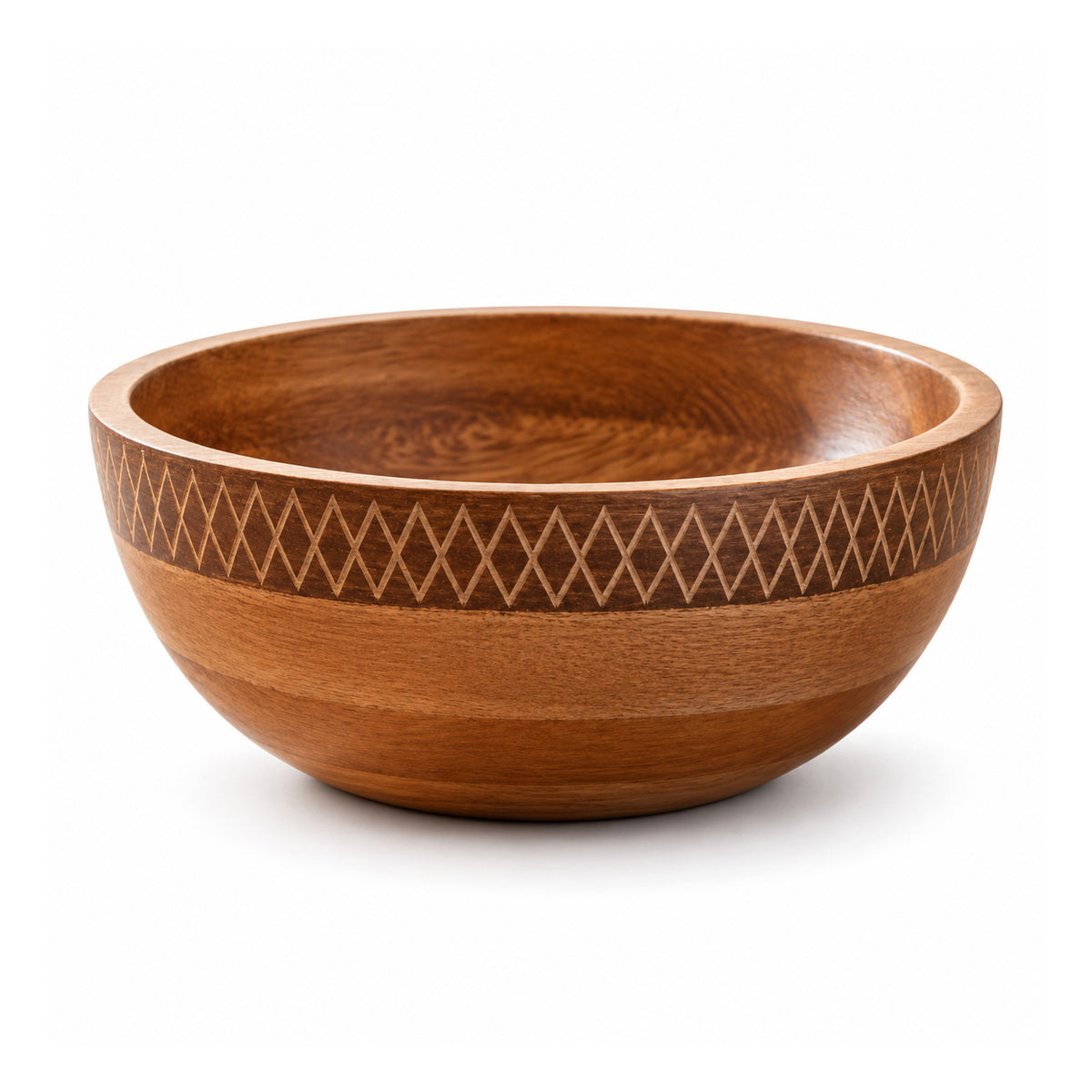 Round chestnut-brown wooden bowl with deep smooth interior and a narrow engraved zigzag pattern circling below the rim