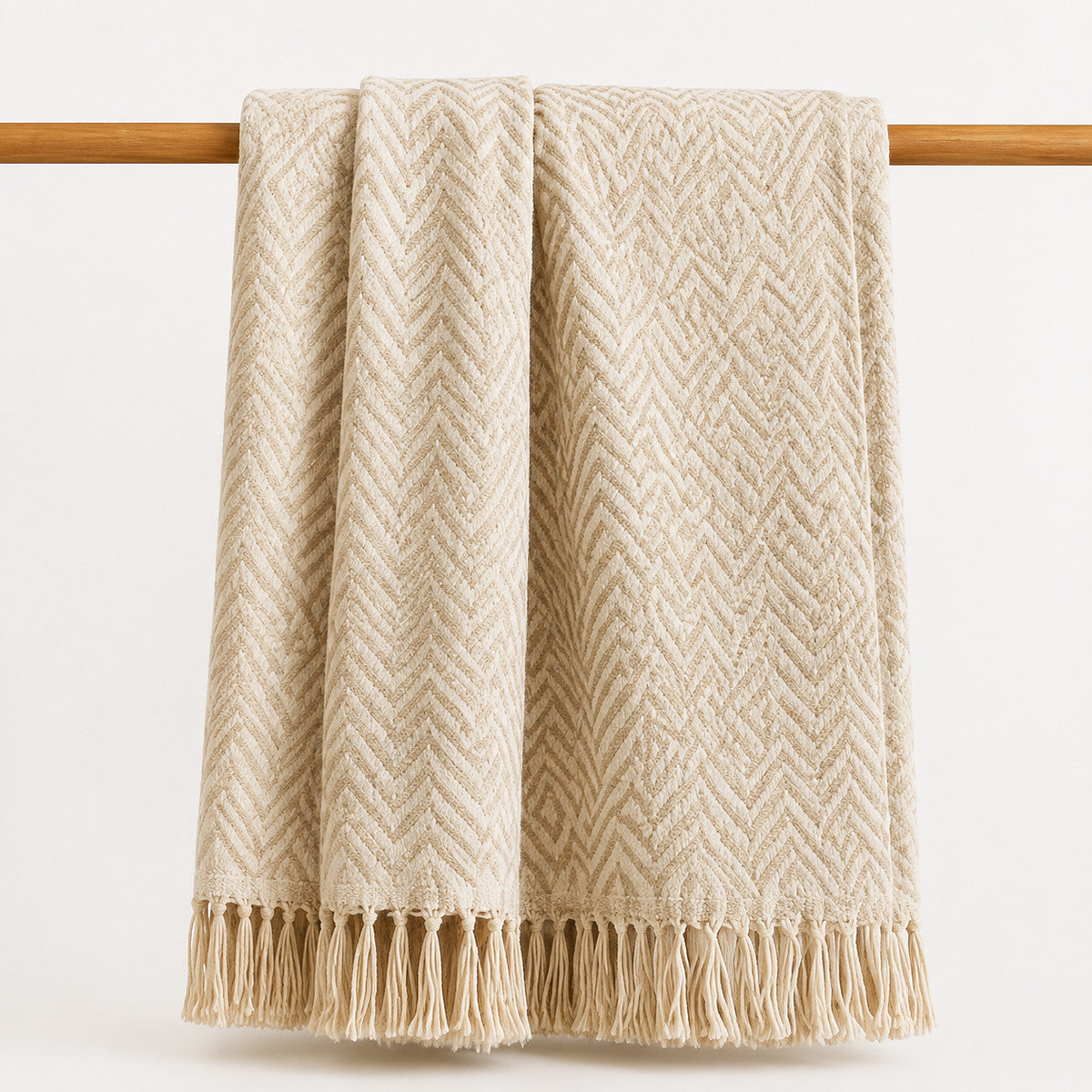 Ivory Chevron Jacquard Throw with Fringe - Primeval