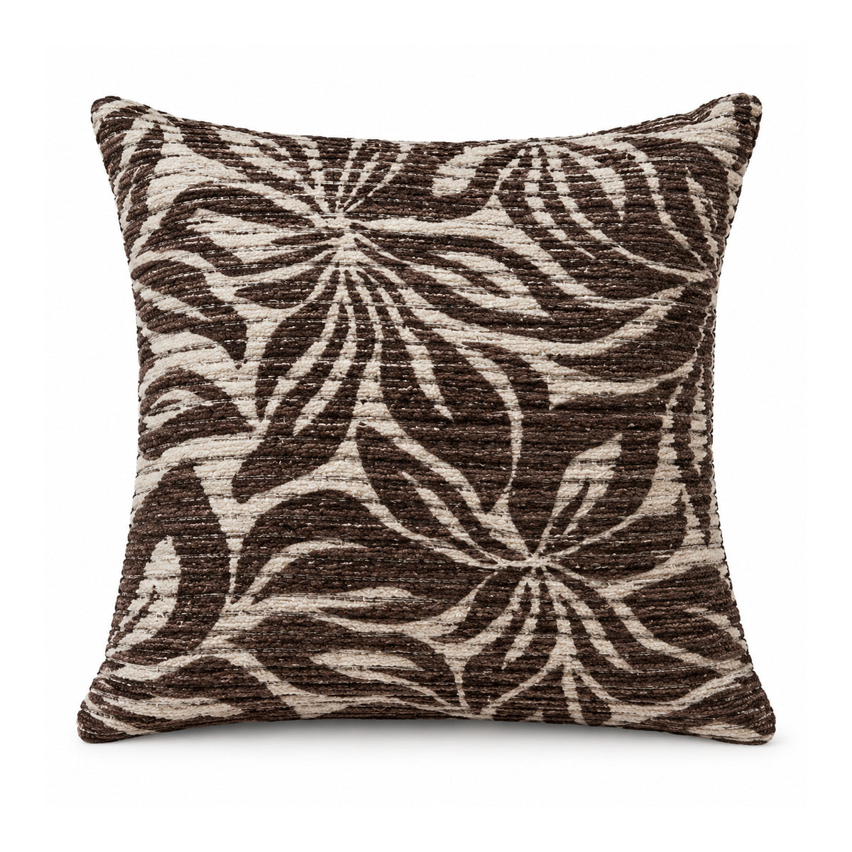 Primeval decorative throw cushion with chocolate brown and ivory radiating floral and leaf pattern, shown against a white background