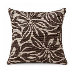 Primeval decorative throw cushion with chocolate brown and ivory radiating floral and leaf pattern, shown against a white background