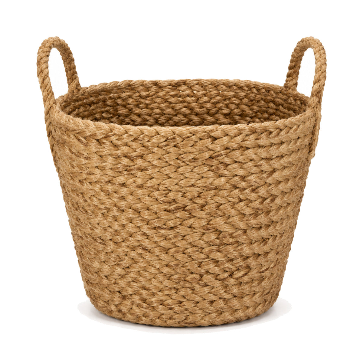 Primeval chunky braided natural jute laundry basket with loop handles on a white background