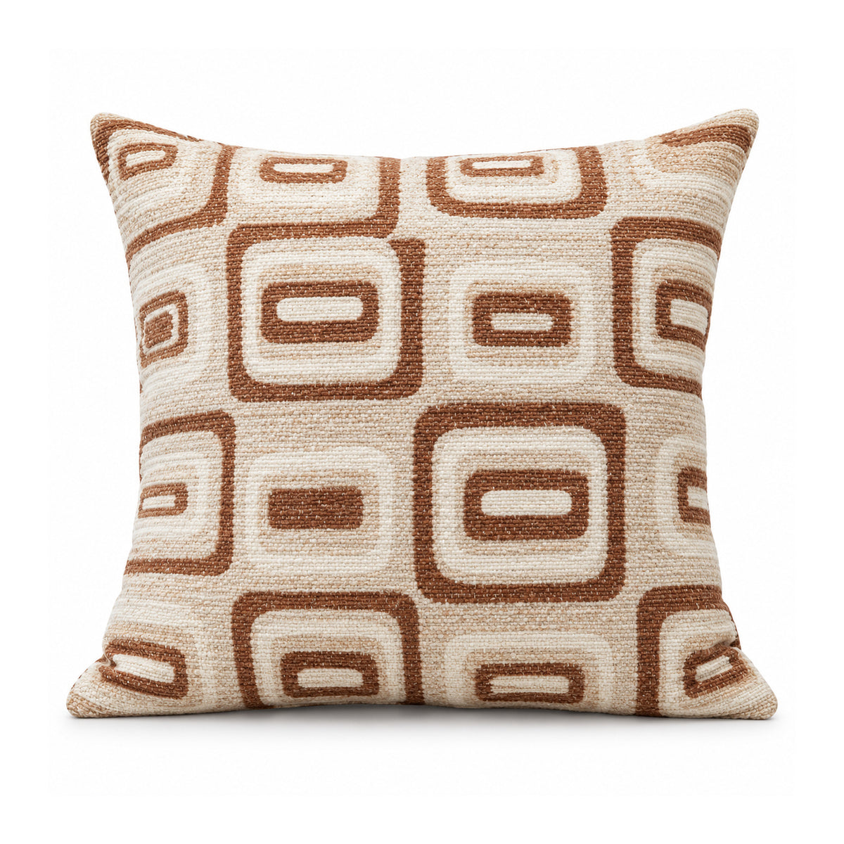 Primeval cinnamon brown and ivory cushion with repeating rounded rectangular retro geometric outlines